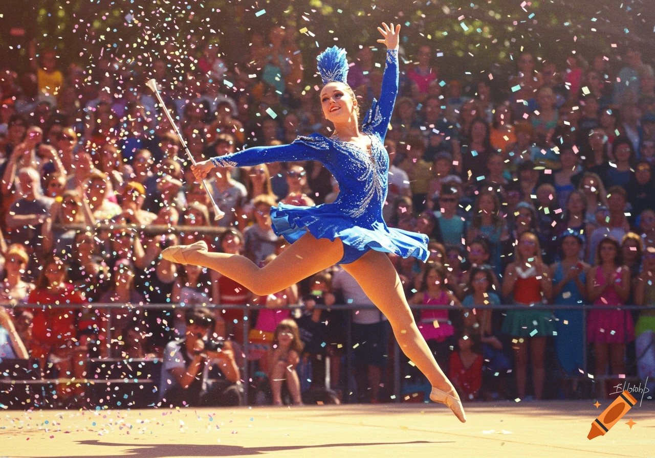 A smiling woman in a blue sparkly costume jumps mid-air with a baton and confetti, in front of a cheering crowd at an outdoor event.