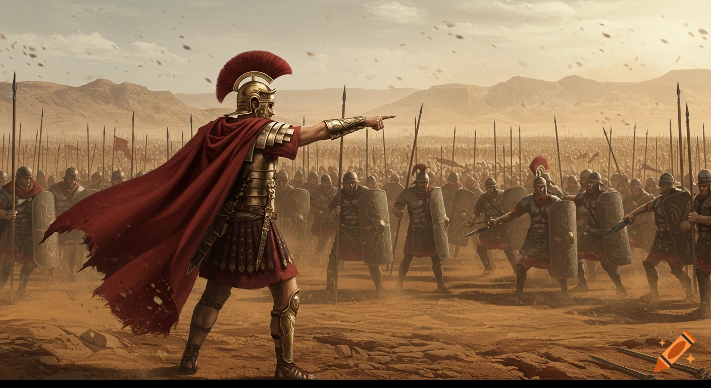 Armored Roman officer points forward, leading his vast army with spears through a dusty desert landscape.