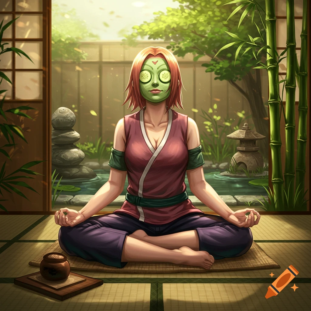 An anime woman with a green face mask and cucumber slices on her eyes meditates cross-legged in a serene Japanese garden.