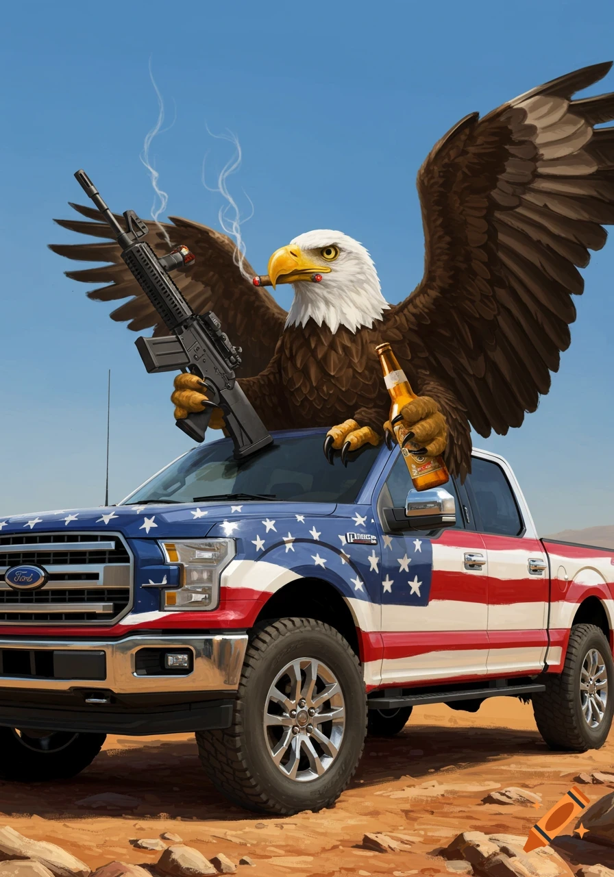 A bald eagle, holding an AR-15 and a beer while smoking a cigar, leans from a Ford F-150 truck painted like the American flag.