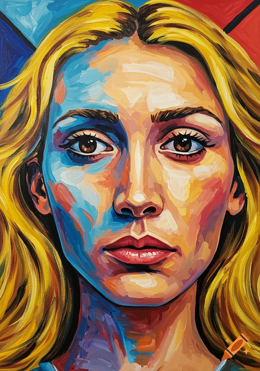 Colorful acrylic portrait of a woman with blonde hair in a stylized, bold brushstroke art style.