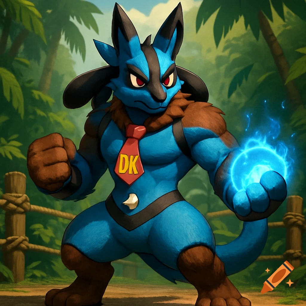A muscular Donkey Kong and Lucario hybrid creature stands in a jungle arena, one fist glowing blue, in a heroic fighting pose with a red DK tie. Cartoonish style.