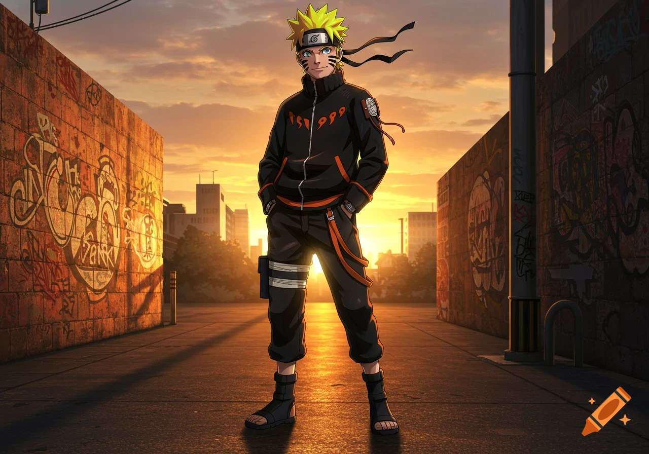 Naruto in a black and orange streetwear outfit stands in an urban alley at sunset, anime style.