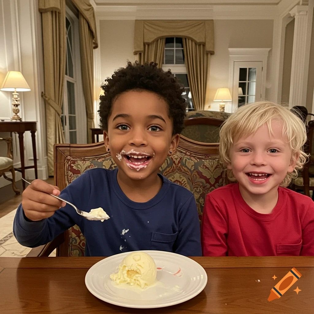 Two happy young boys sit at a table in a mansion home. One boy with an afro buzzcut and blue shirt has ice cream on his face and fork, smiling widely. His blonde-haired cousin in a red shirt smiles beside him.