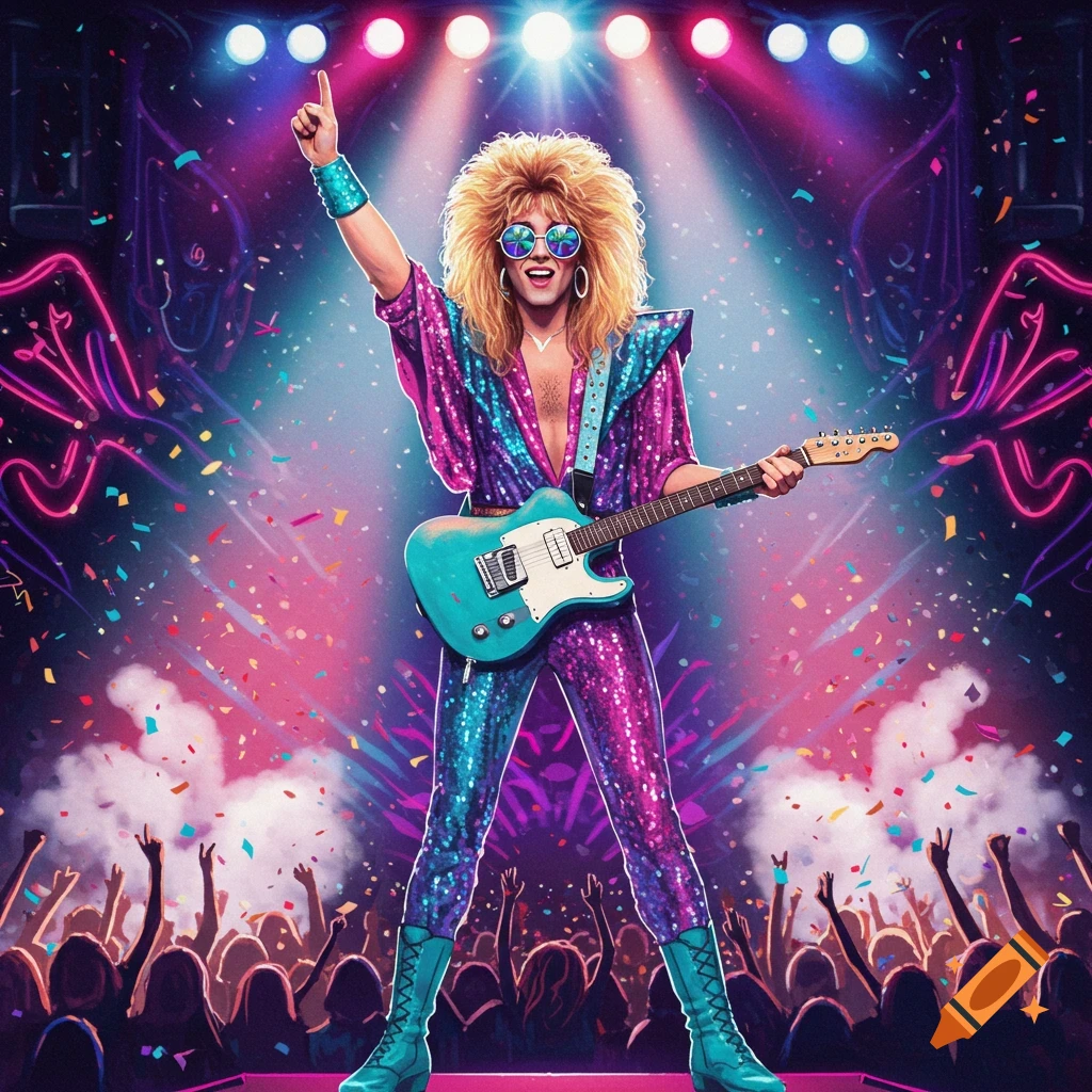 A flamboyant 80s rock star with big blonde hair and sunglasses in a shimmering purple and blue jumpsuit plays an electric guitar on a confetti-filled stage.