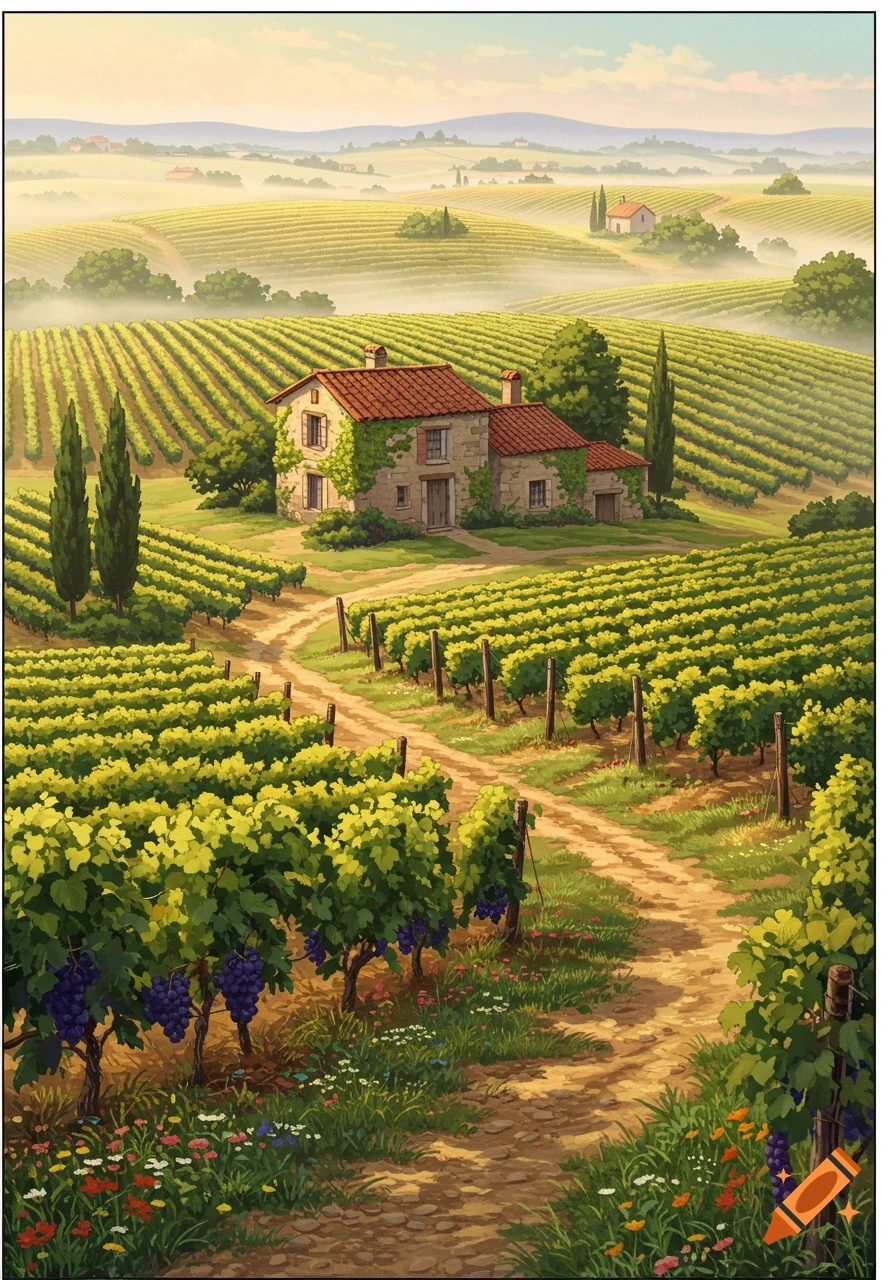 An illustrated vineyard scene with a stone house nestled among rows of grapevines, under a bright sky with misty hills in the background.