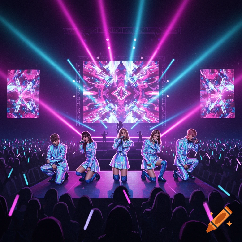 Five K-pop performers, three women and two men, kneel on a neon-lit stage, singing into microphones for an audience holding light sticks.
