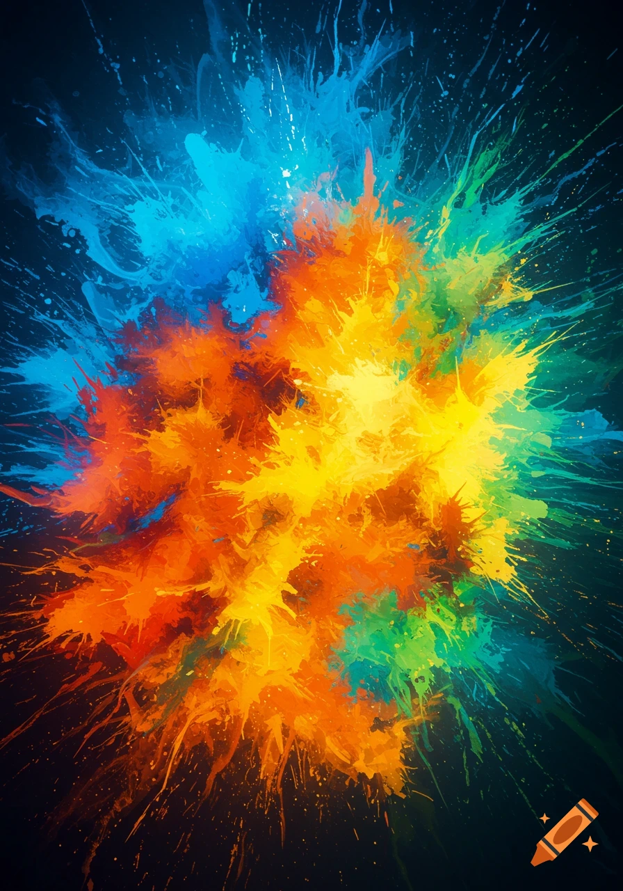 A vibrant abstract explosion of blue, orange, yellow, and green paint splatters on a dark background.