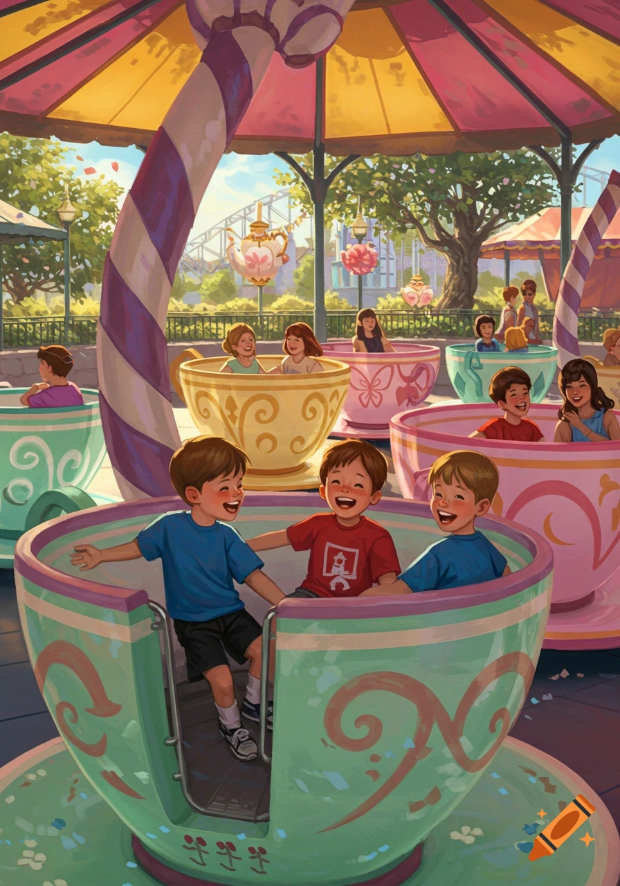 Three happy young boys ride a colorful teacup attraction at a busy theme park, with other guests in the background. Illustration.