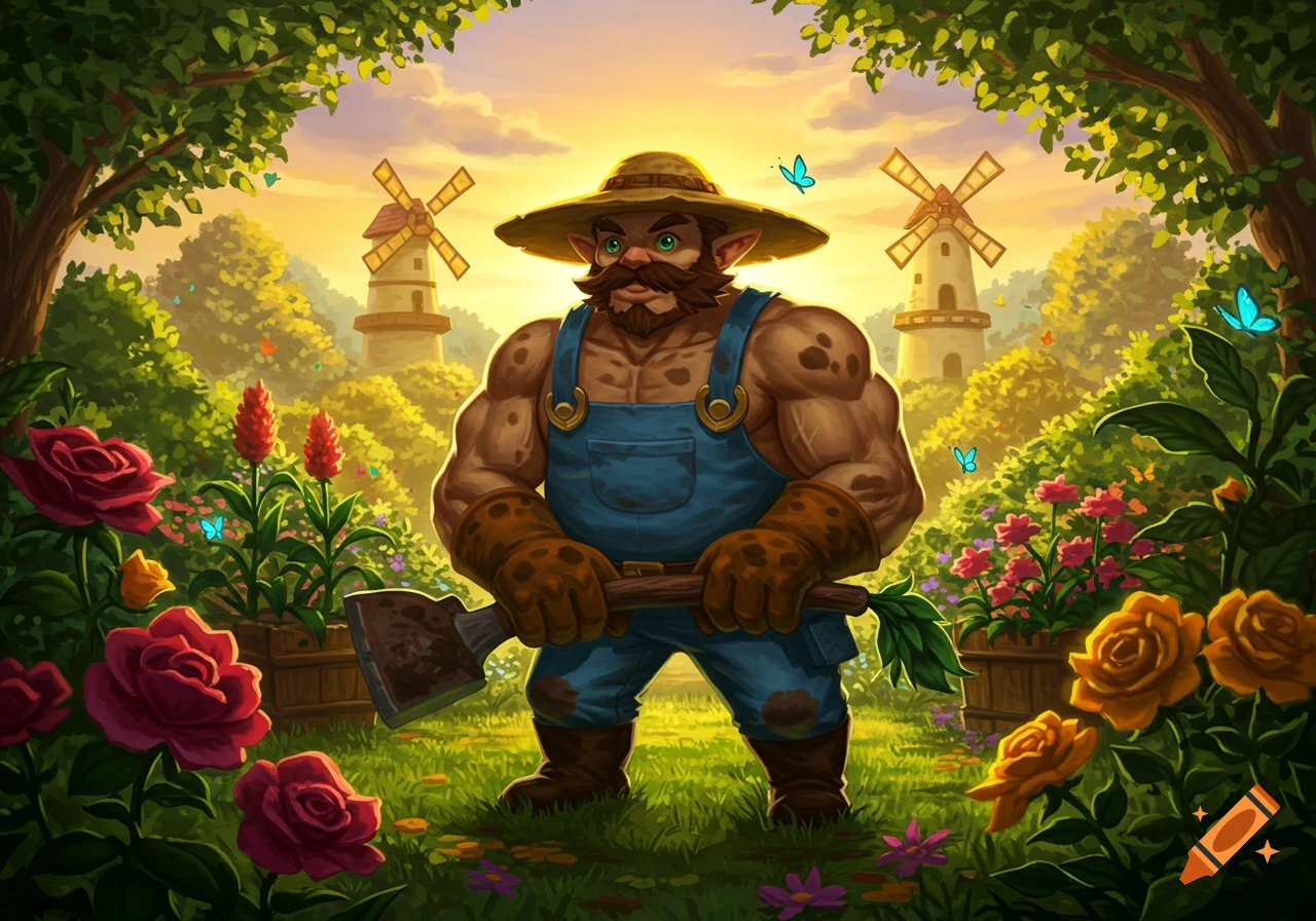 A muscular, bearded dwarf-like gardener in overalls holds an axe in a vibrant fantasy garden at sunset, with windmills in the background.