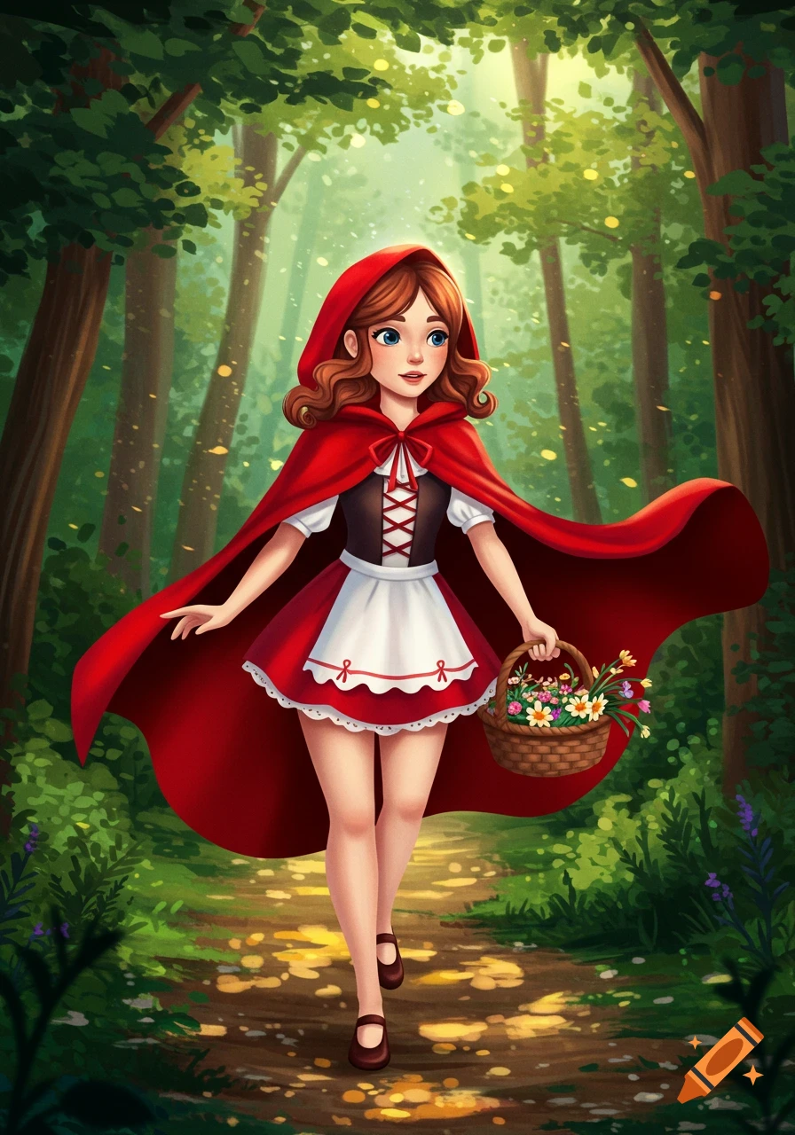 A cartoon illustration of Little Red Riding Hood walking through a sunlit forest, holding a basket of flowers.