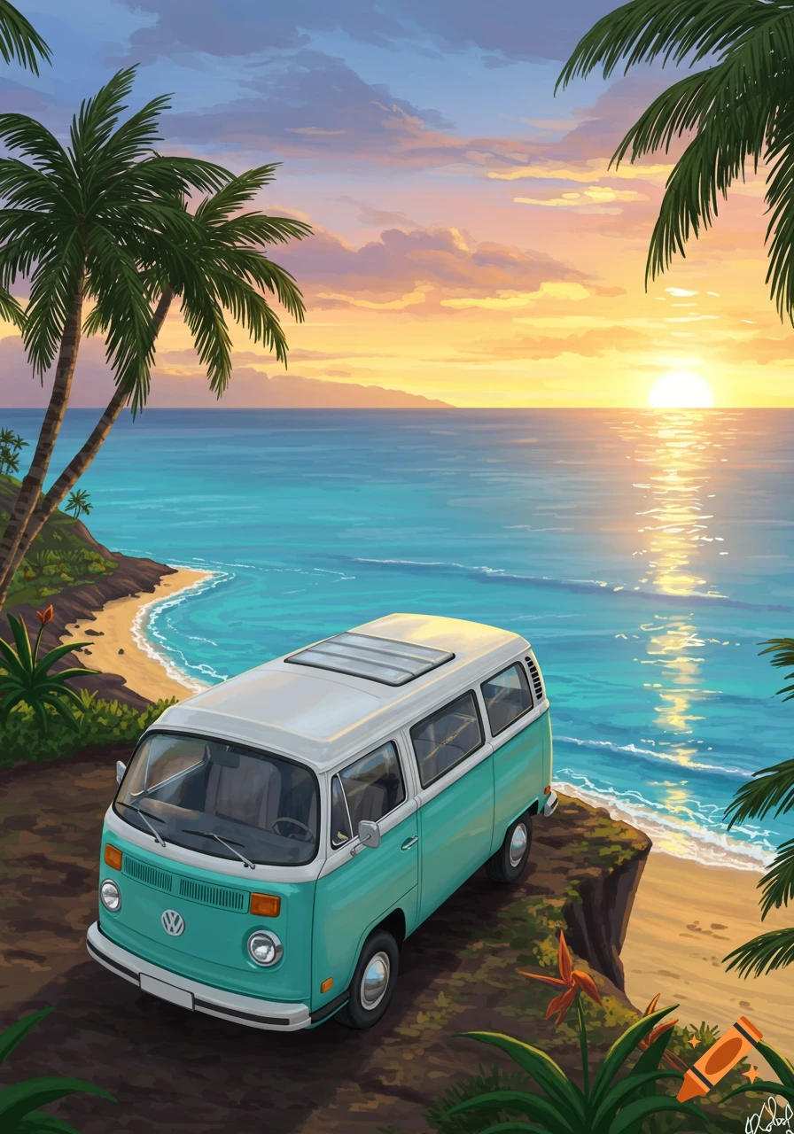 An illustration of a teal and white vintage Volkswagen bus parked on a cliff overlooking a tropical beach at sunset.