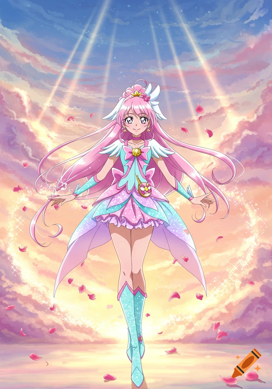 An anime magical girl with long pink hair and a frilly pink and blue dress stands against a vibrant pink and blue sky with light rays and falling rose petals.