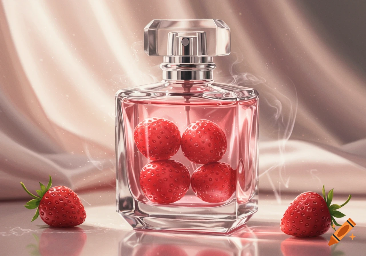 A clear glass perfume bottle holds four red strawberries, flanked by two more on a reflective surface with a pink drapery background.