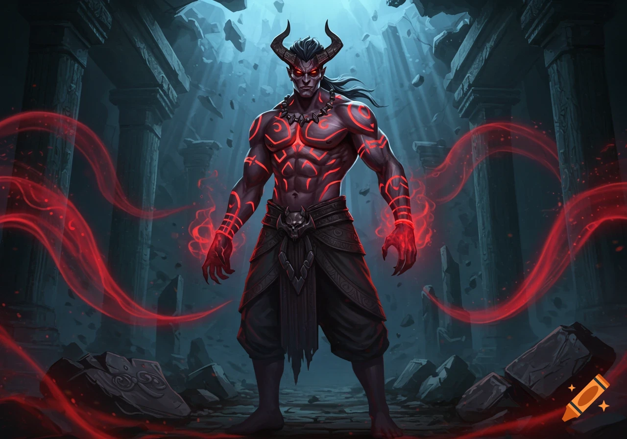 A muscular, demonic figure with glowing red tattoos and horns stands in ancient ruins, emanating red energy, in a digital art style.