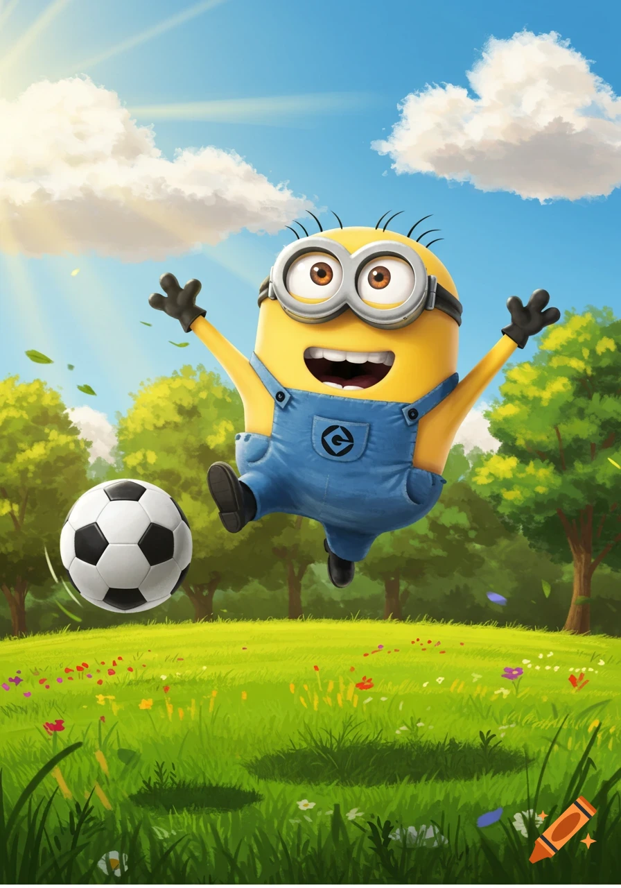 A joyful Minion character jumps with a soccer ball in a sunny green field with trees and clouds.