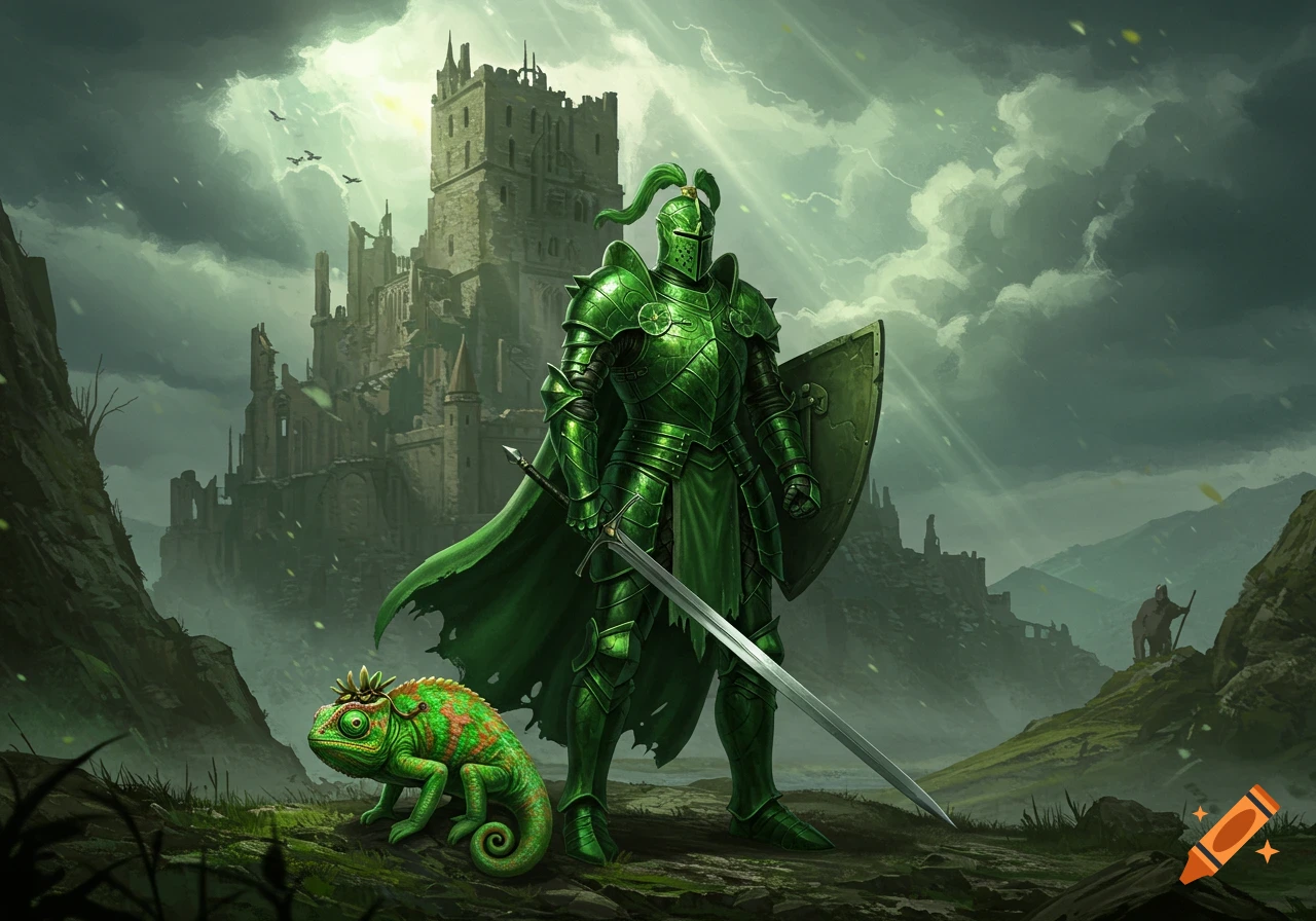 A green knight with a sword and shield stands before a ruined castle, a colorful chameleon at his feet under a dramatic sky, digital art.