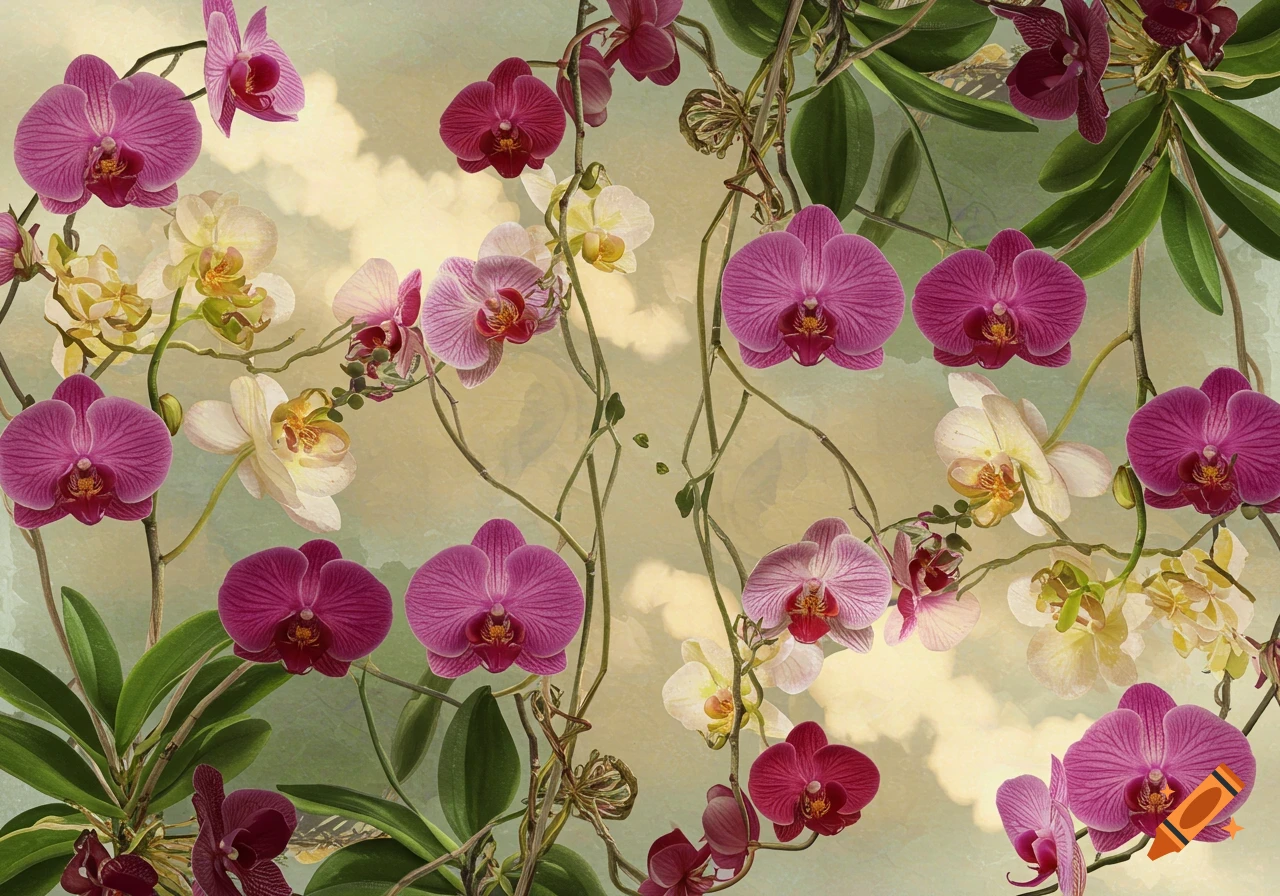 A vibrant collage of pink, purple, white, and yellow orchids with green leaves and tendrils against a hazy background.