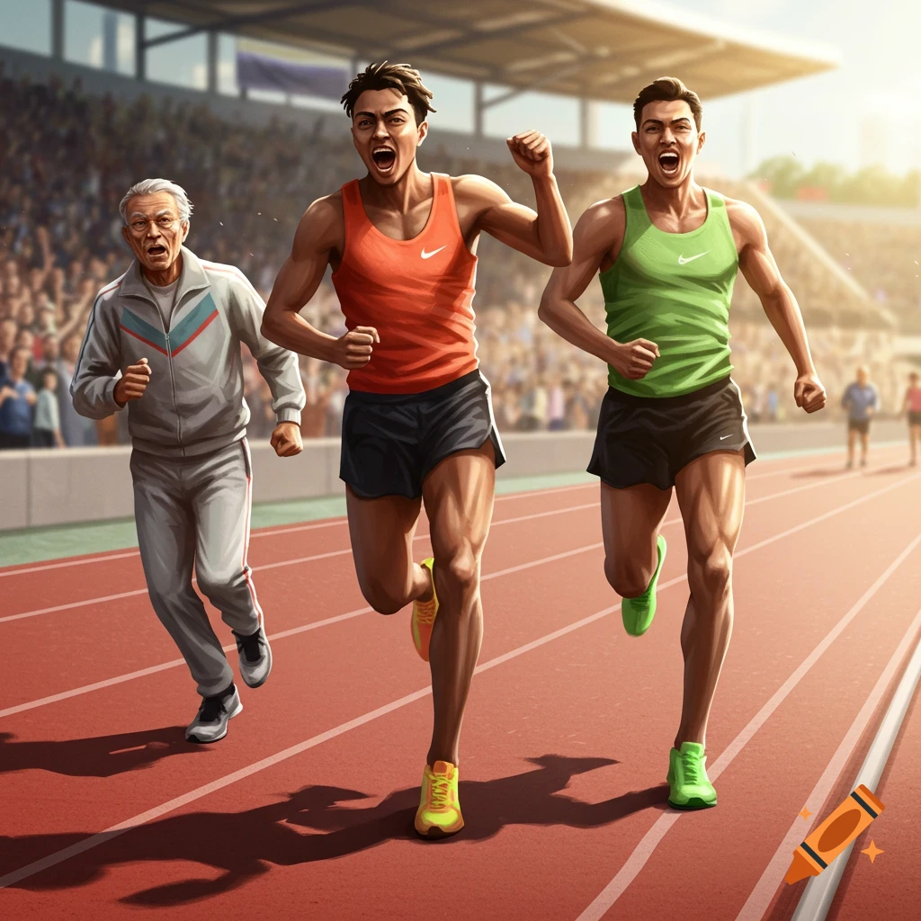 Three men, two young and one older, race on a track in a stadium, rendered in a realistic illustration style.