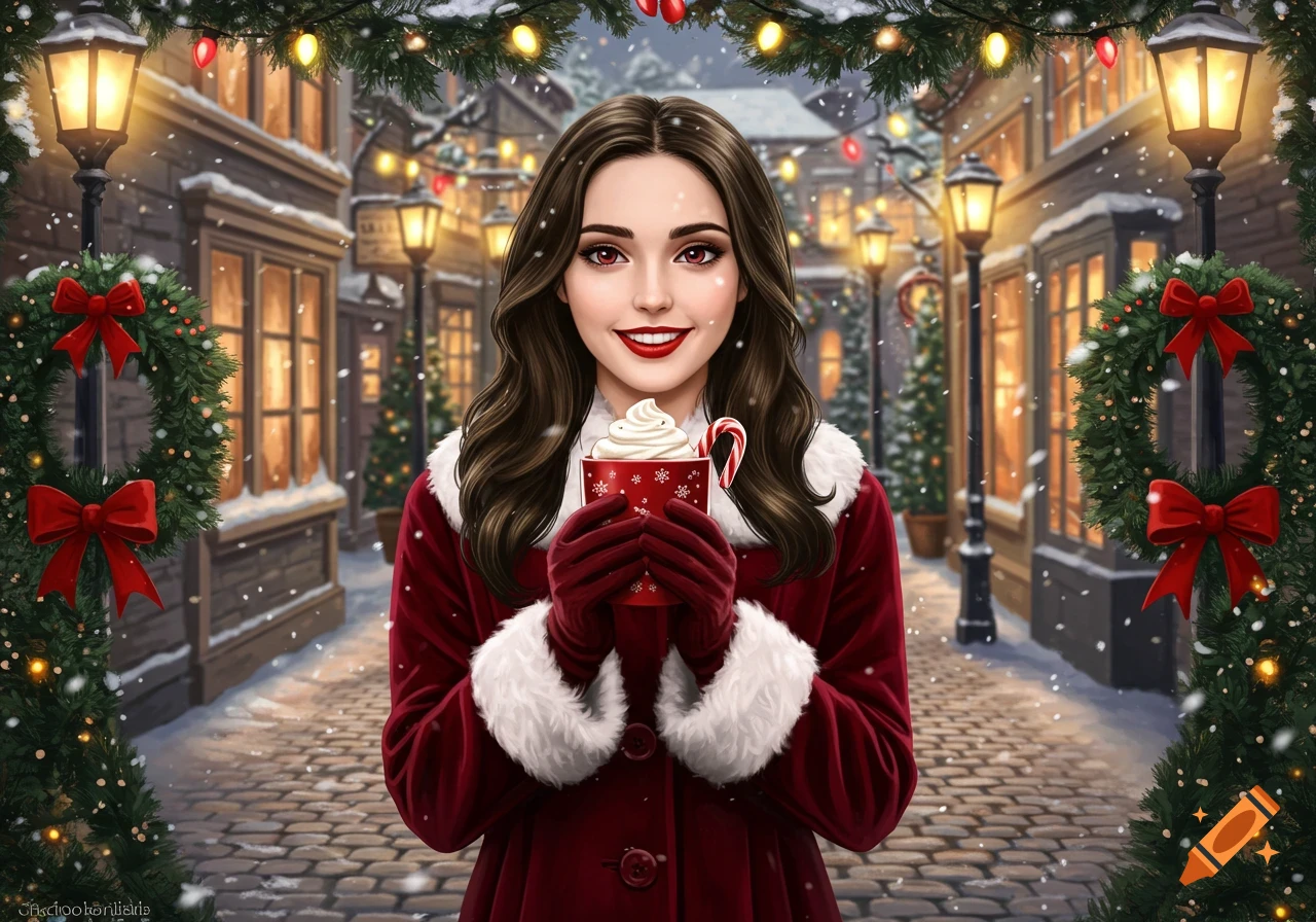 An illustrated young woman in a red Santa coat holds hot cocoa on a snowy Christmas street with festive lights and wreaths.
