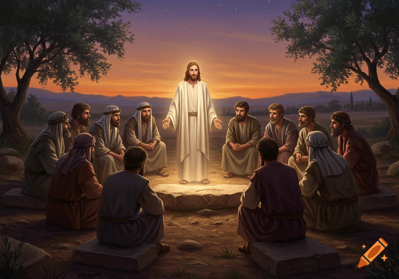 Jesus Christ teaching his disciples outdoors at sunset, surrounded by trees, in a painterly style.