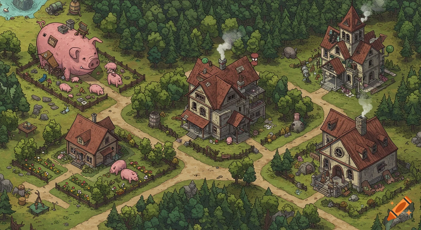 An isometric cartoon map of a bizarre, post-apocalyptic village with houses, large pigs, and dense forests.