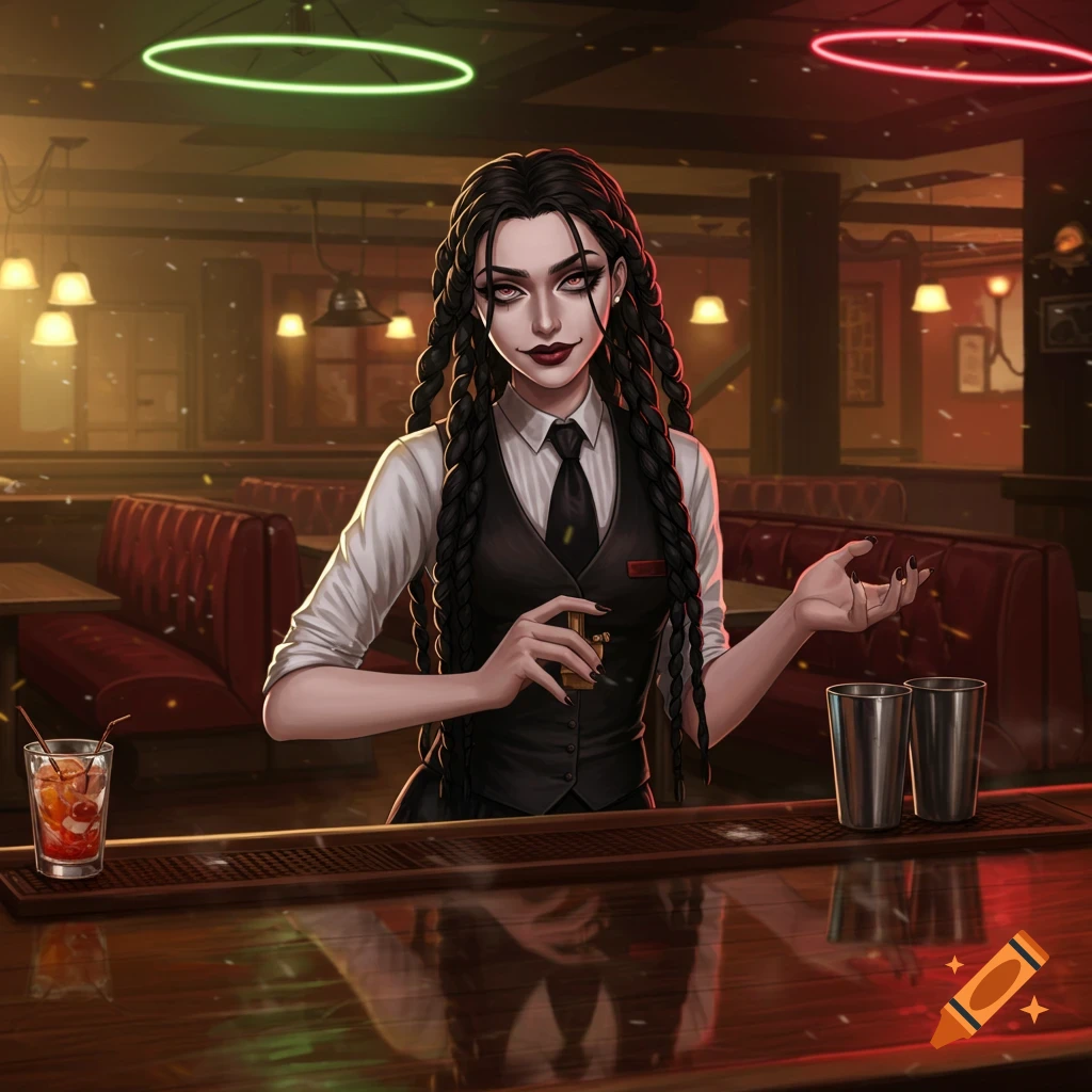 Gothic woman with black braids and dramatic makeup behind a bar, holding a shot glass, in an anime-inspired style.