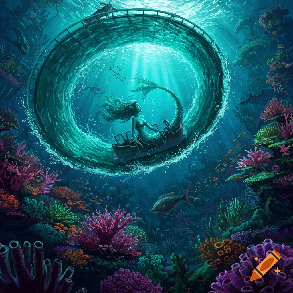 A mermaid rides an underwater roller coaster through a vibrant coral reef, with light rays filtering from above.