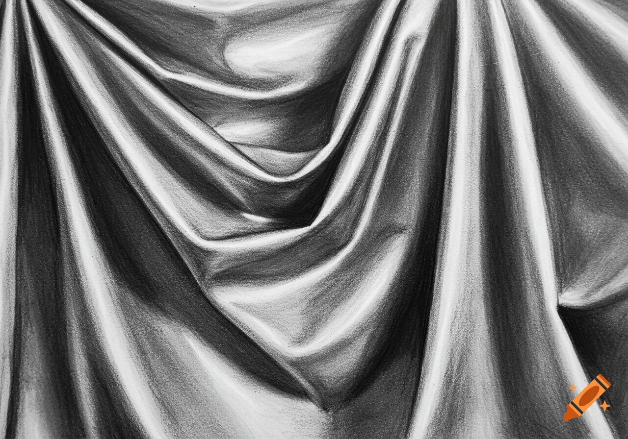 Black and white pencil drawing of intricately draped fabric with deep shadows and bright highlights.