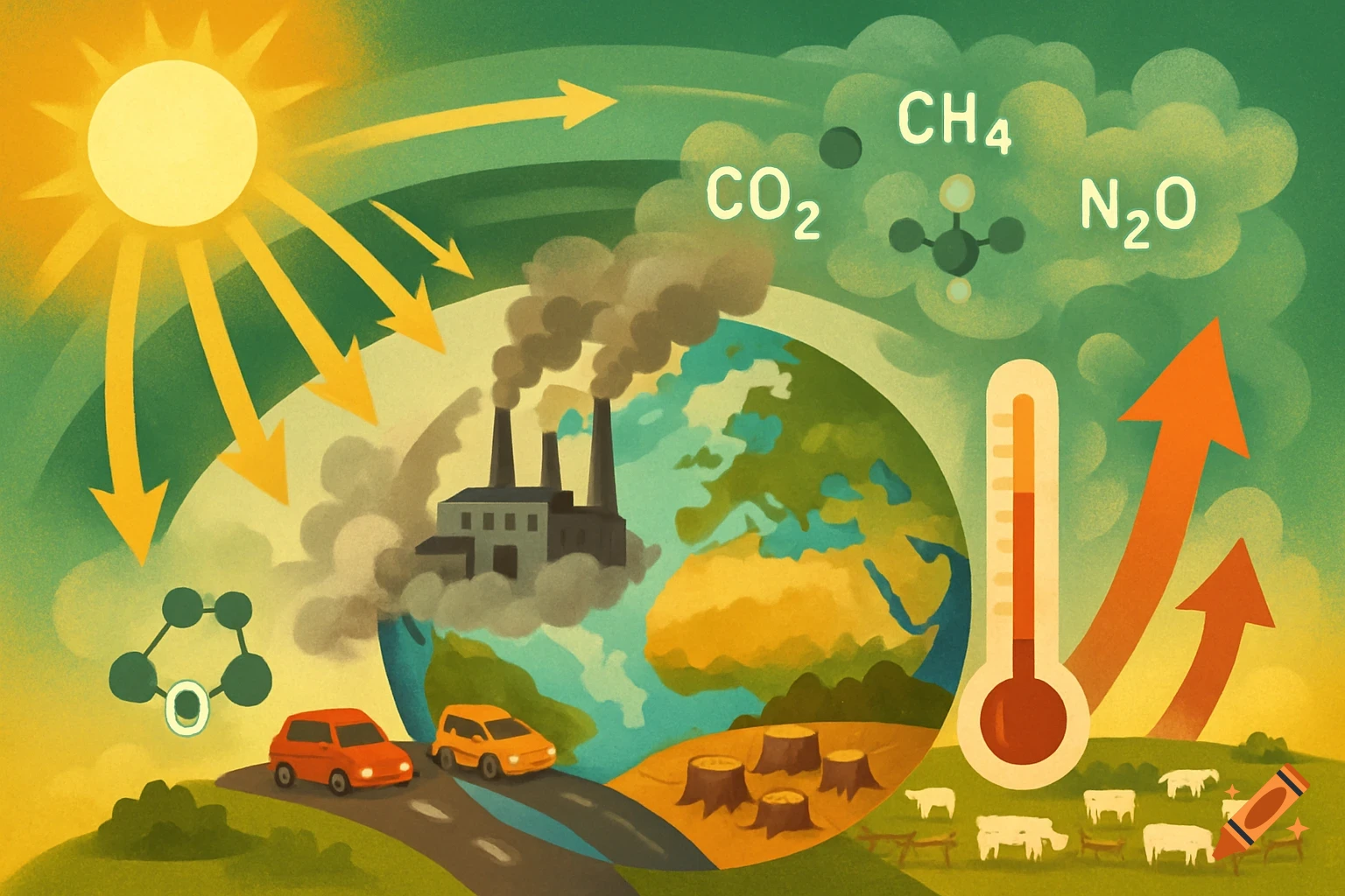 Illustration depicting climate change with factories, cars, deforested land, livestock, a rising thermometer, and greenhouse gases like CO2, CH4, and N2O around Earth.