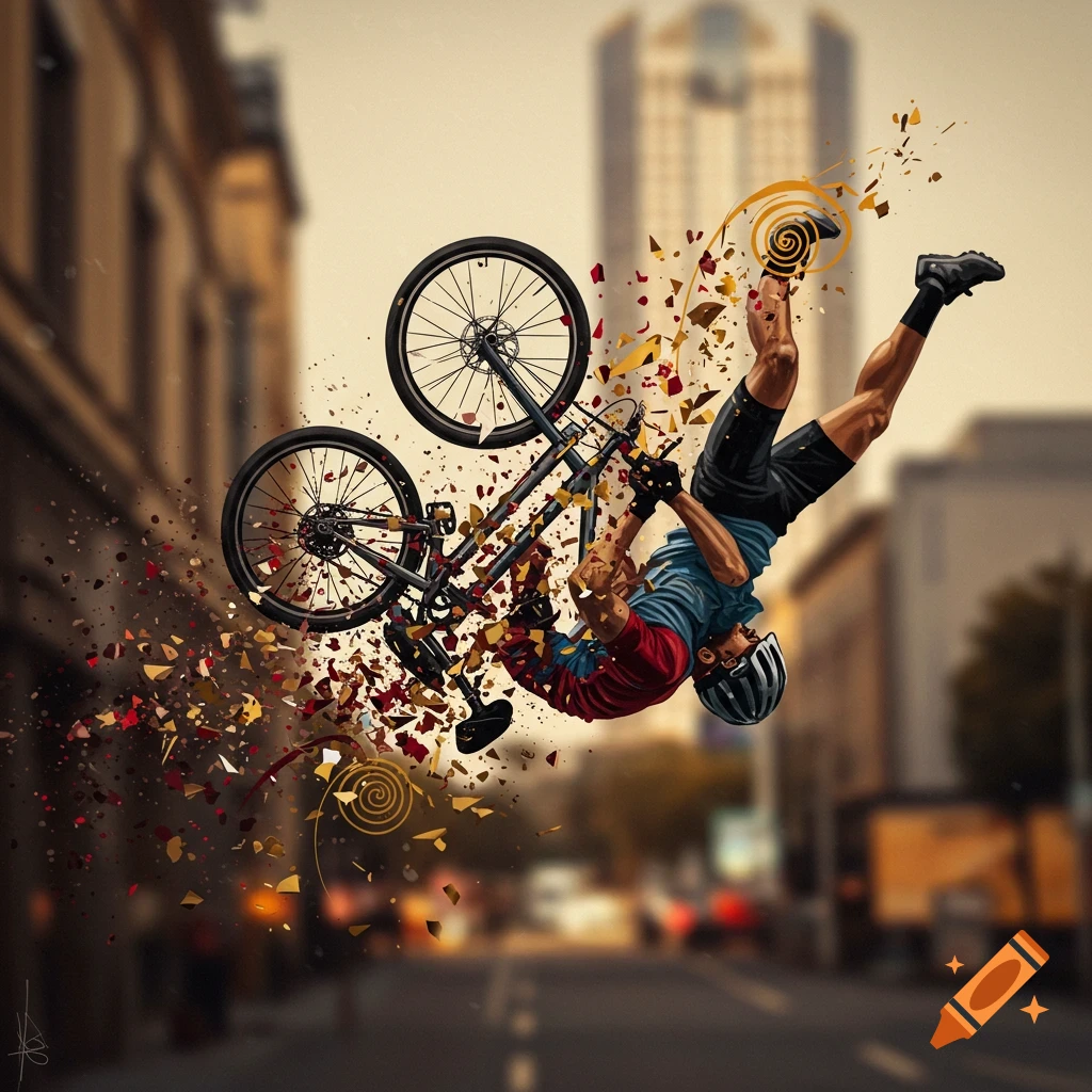A cyclist in a helmet and sportswear falls off a bike, with parts dissolving into red and gold abstract fragments on a blurred city street background.