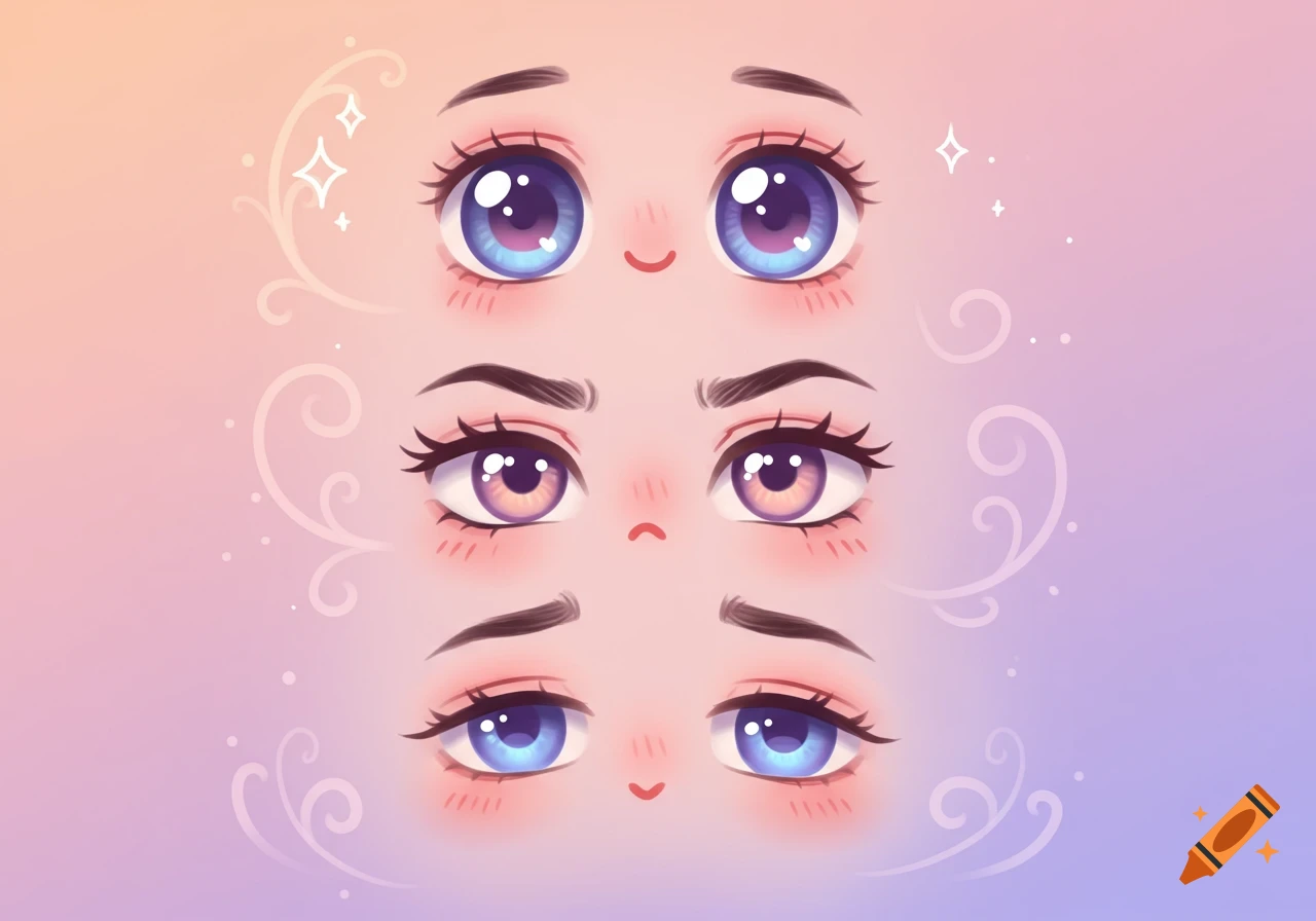 Three pairs of cute cartoon eyes with different expressions, showcasing various emotions in a soft gradient background.