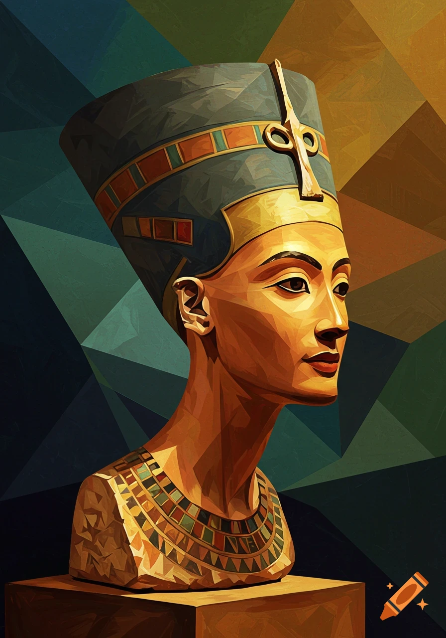 An analytical cubist painting of the bust of Nefertiti, depicted in the style of Picasso with geometric facets.