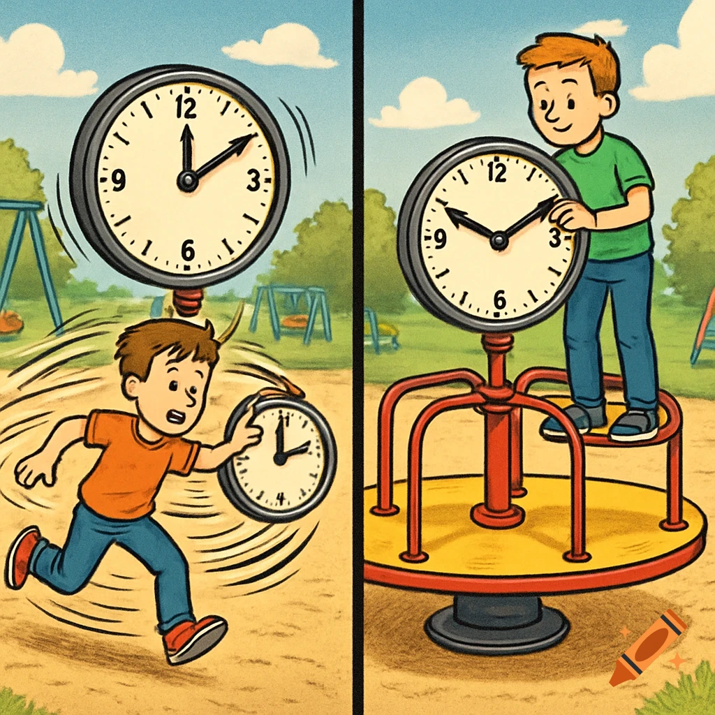 Two cartoon boys with clocks in a playground, illustrating relative motion. One runs after a clock, another stands on a merry-go-round.
