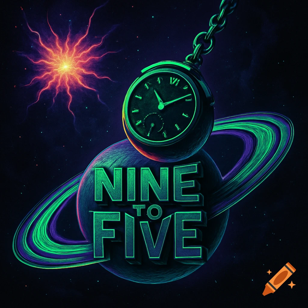 A dark psychedelic space scene features a planet with glowing green rings, a chain-hung pocket watch, and the text "NINE TO FIVE" in front of a supernova.