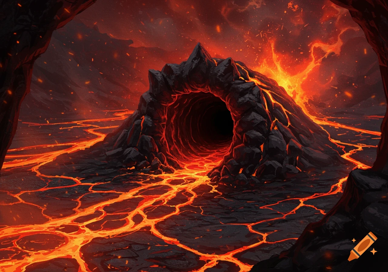 A dramatic, illustrative scene of a dark burrow entrance nestled within a fiery volcanic landscape with rivers of glowing lava.
