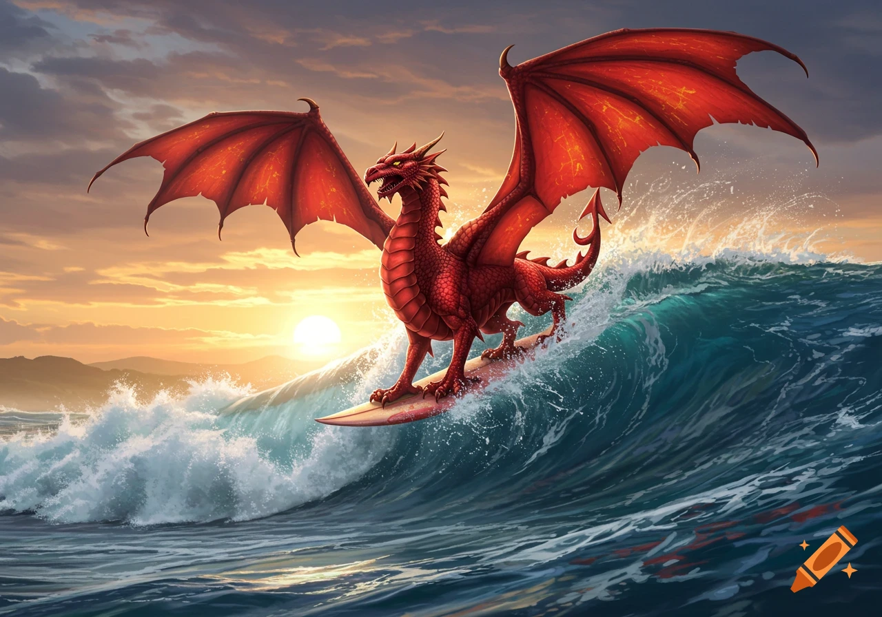 Vibrant illustration of a red dragon with large wings surfing a big ocean wave at sunset.