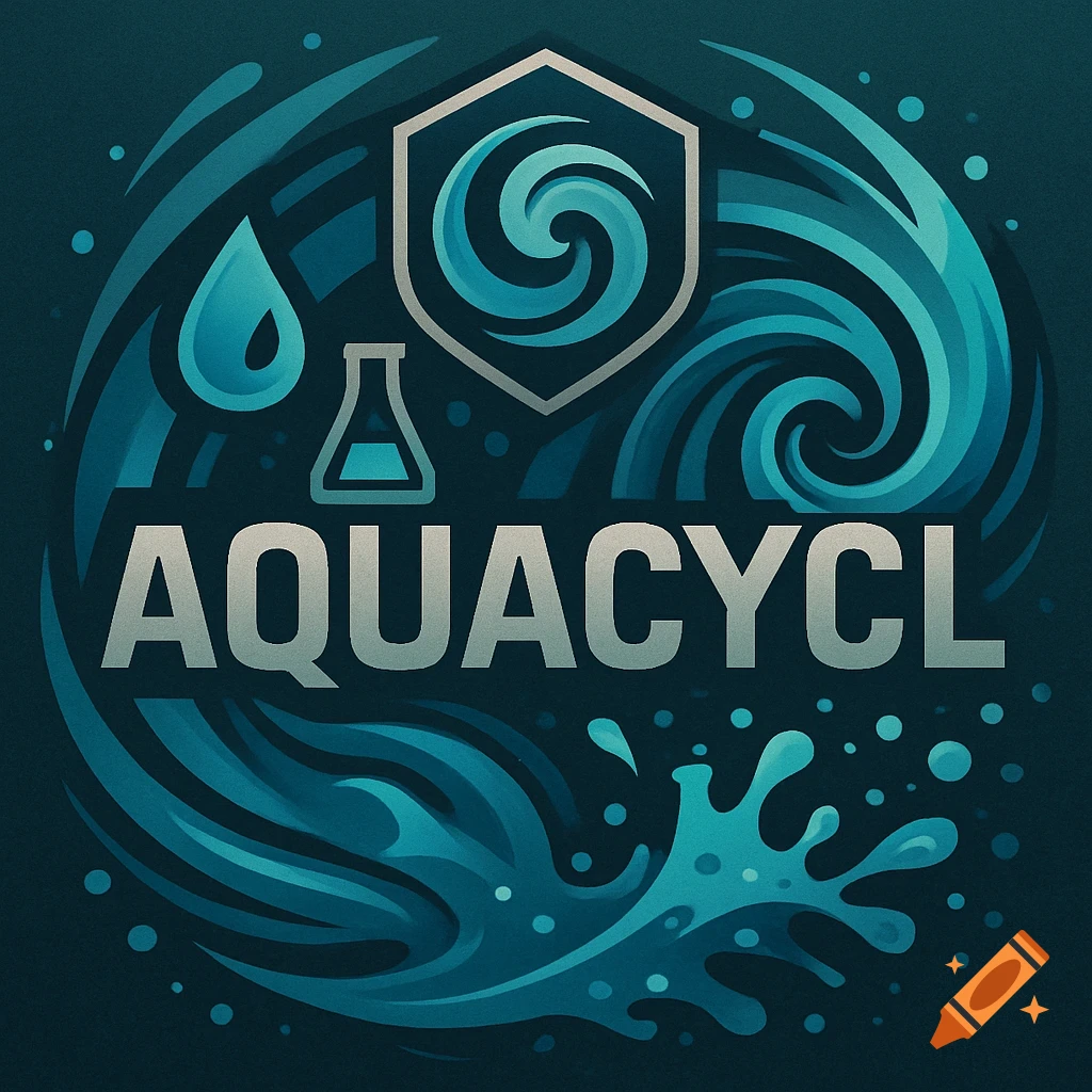 Stylized logo with 'AQUACYCL' text, water droplet, beaker, and shield with a swirl, against a background of blue waves and splashes.