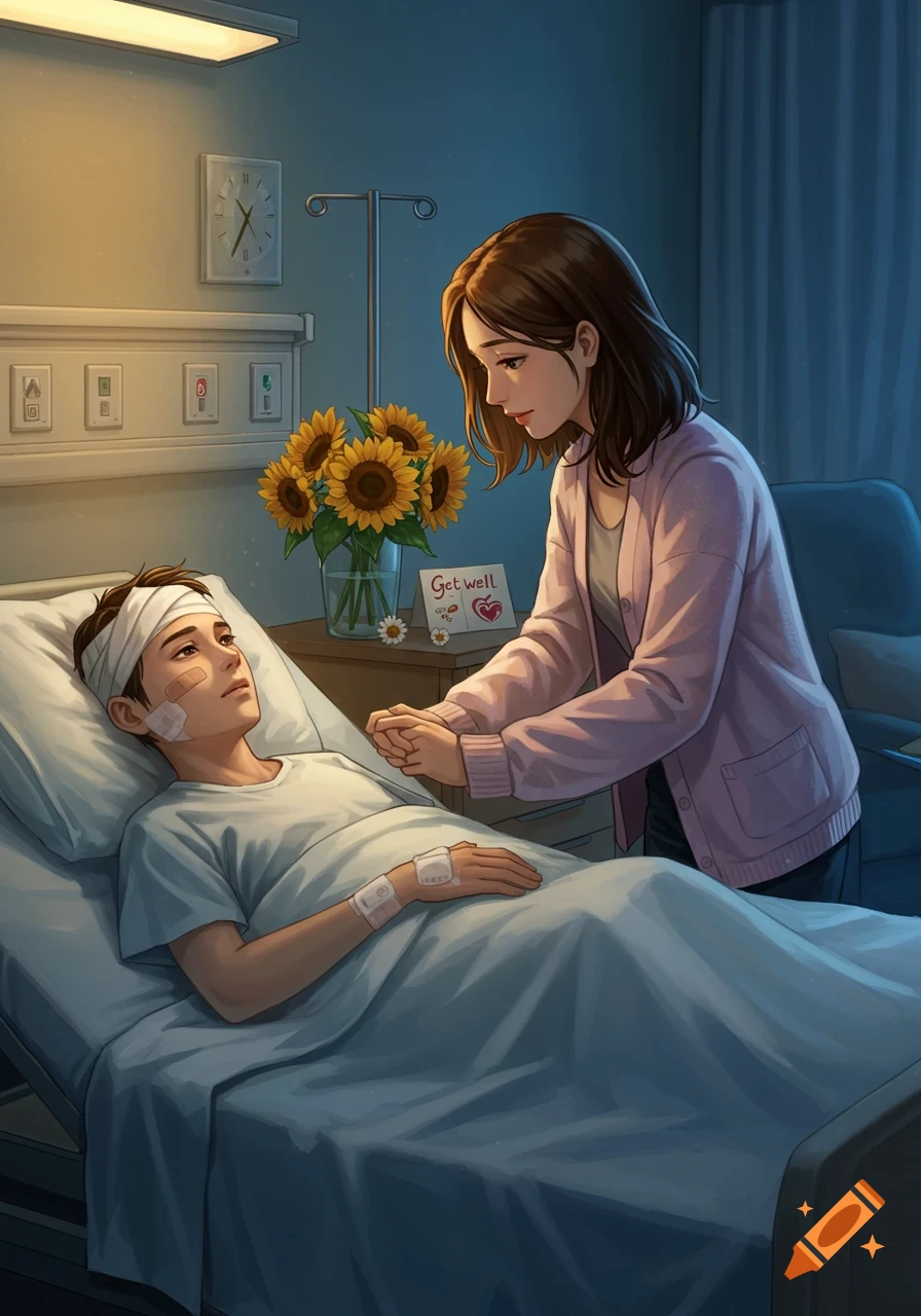 An illustration of a woman holding the hand of a boy with a head bandage in a hospital room, with sunflowers on the bedside table.