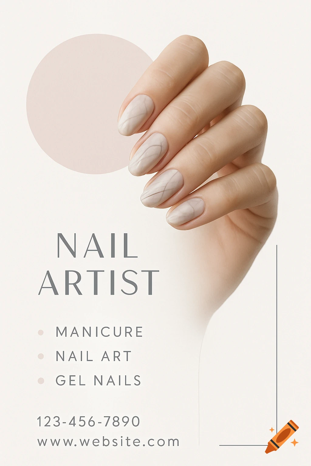 A minimalist flyer for a nail artist featuring a hand with manicured nails and service text.