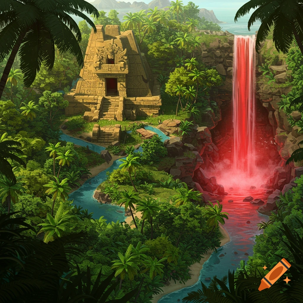 A lush tropical island with an ancient stone temple, a winding blue river, and a vibrant red waterfall amidst dense palm trees.