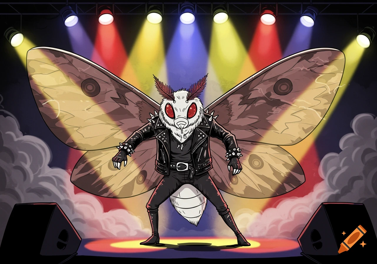 A comic style moth character in a rocker outfit, with red eyes and studded leather, standing on a brightly lit stage.