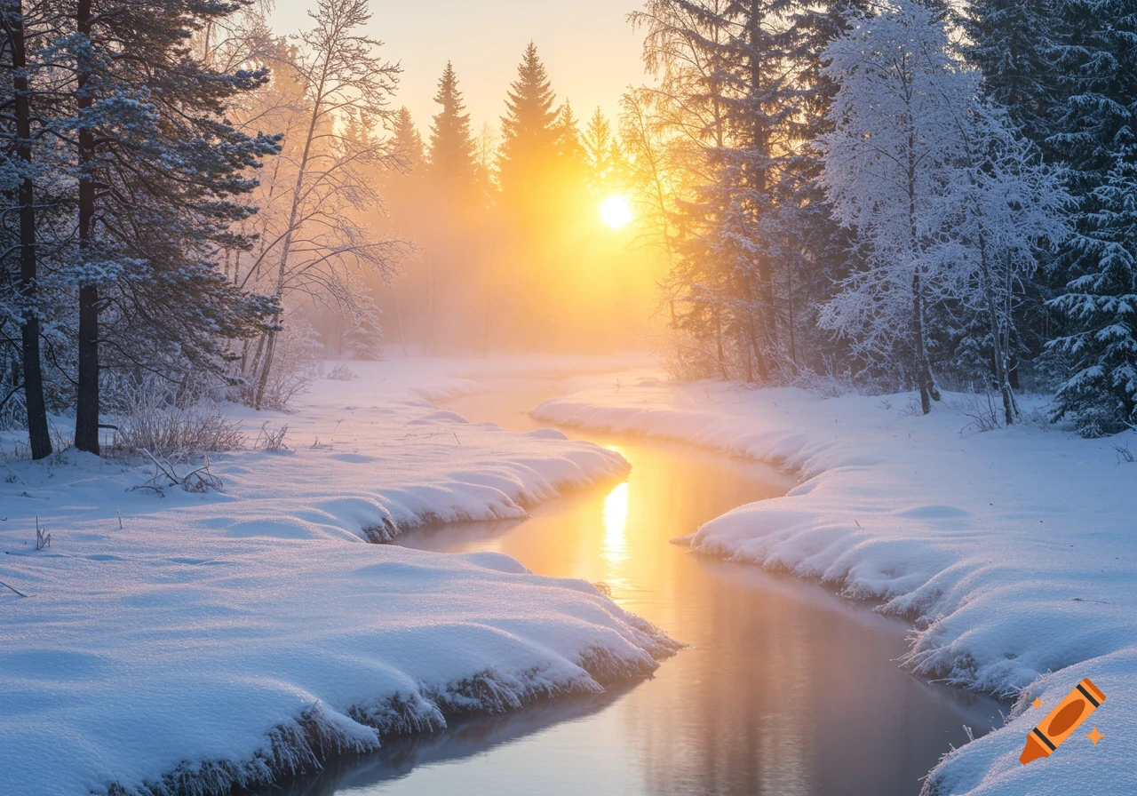 A photorealistic winter landscape with a winding stream, snow-covered trees, and a golden sunrise reflecting in the water.