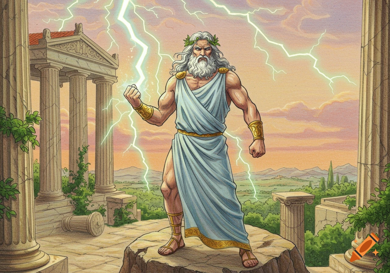 Zeus, the Greek god, stands on a rocky outcrop amidst ancient temple ruins, holding a lightning bolt. Illustrated in a colored pencil style.