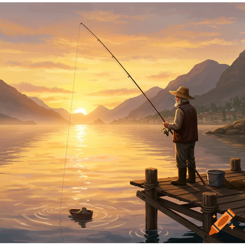 An old fisherman on a wooden dock casts his line into a calm lake at sunset, surrounded by mountains. Painterly style.