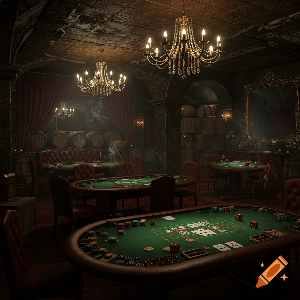 A lavish, dimly lit underground casino room featuring elegant chandeliers, multiple poker tables with chips and cards, red velvet chairs, and wine barrels in the background.