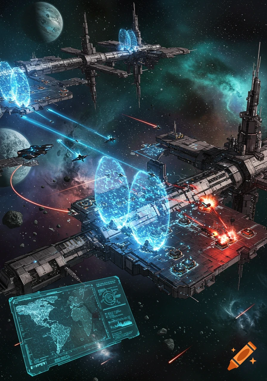A detailed digital art image depicts a space station battle with ships, lasers, and a holographic map.