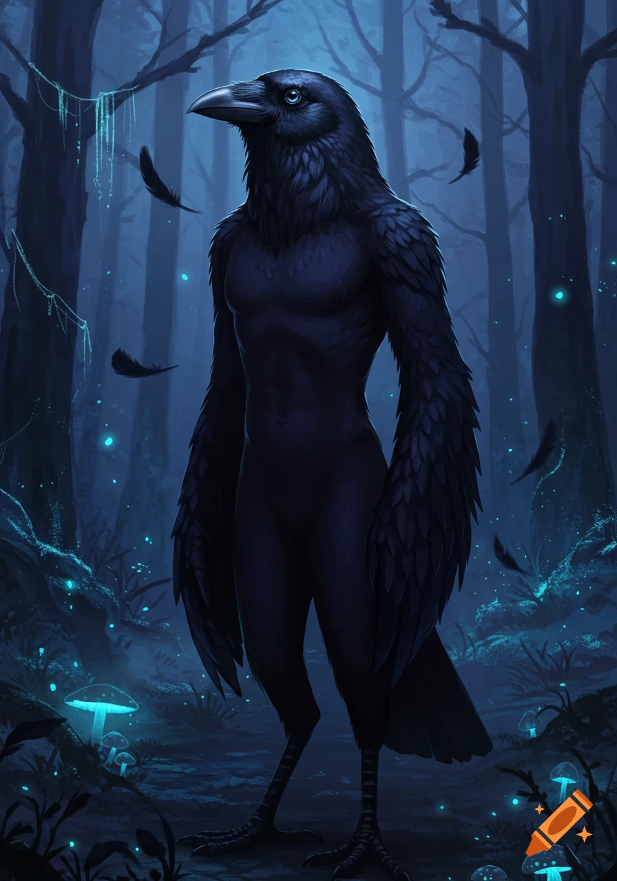 A tall humanoid crow stands in a dark, glowing blue forest with bioluminescent mushrooms and floating feathers, in a digital painting style.