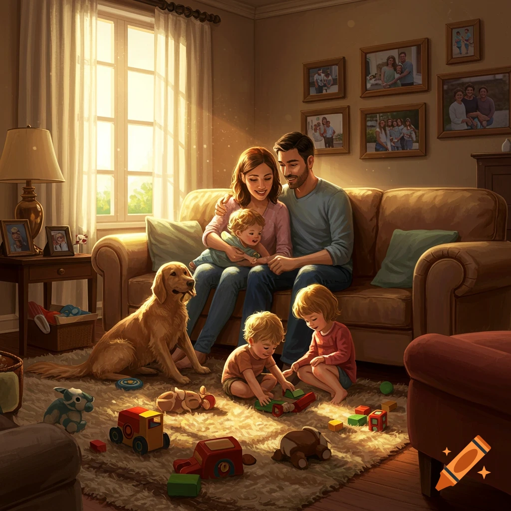 A family with three young children and a golden retriever dog relax and play with toys in a warm, sunlit living room.