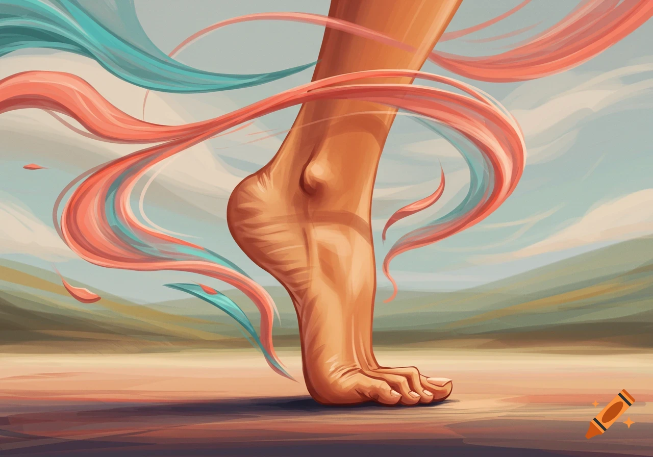 A stylized illustration of a bare foot with pink and teal flowing ribbons, set against an abstract, muted landscape.
